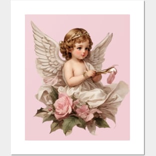 Vintage Pink Baby Christmas Angel with Roses Posters and Art